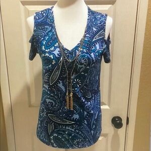 Carol Rose Blue Paisley Cold-Shoulder V-Neck Top